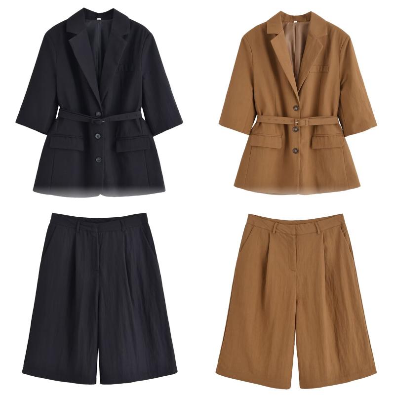 レディース セットアップ ジャケット ショートパンツ 女性用 夏 春夏 半袖 ウエストベルト 付き ジャケット 麻 混 リラックス フィット ミッドライズ ショーツ ブラウン ブラック ポリエステル 素材 気質 通勤 スタイル セット 切り替え デザイン