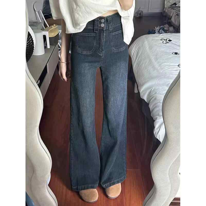 レディース 牛仔パンツ デニム ワイドレッグ 高腰 直筒 秋冬 加厚 厚手 ヴィンテージ加工 気質 通勤風 普段使い 梨型体型 ゆったり スリム効果 ビッグサイズ 再生繊維 混紡 ロング丈 ヴィンテージブルー 洗い加工 伸縮性 軽量