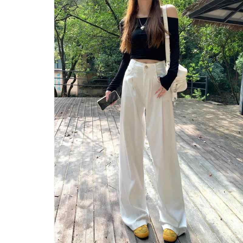 レディース 牛仔パンツ ホワイト 高腰 ストレート ワイドレッグ ロング 春夏 ミディアム厚 微弾性 通勤用 気質 都市スタイル デニム生地 ポリエステル混 ゆったり 切り替え 純色 ライトウェイト 吸湿速乾 伸縮性 洗練デザイン 普段使い ビジネスカジ