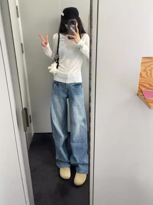 レディース デニムパンツ 秋冬 薄手 高腰 ワイドレッグ ストレート 気質 通勤 快適 カジュアル 微弾性 ポリエステル 綿混 紺色 ロング丈 ニーパンツ 軽量 伸縮性 ハイウエスト ビッグシルエット ゆったり スリムライン 洗濯可能 復古スタイル