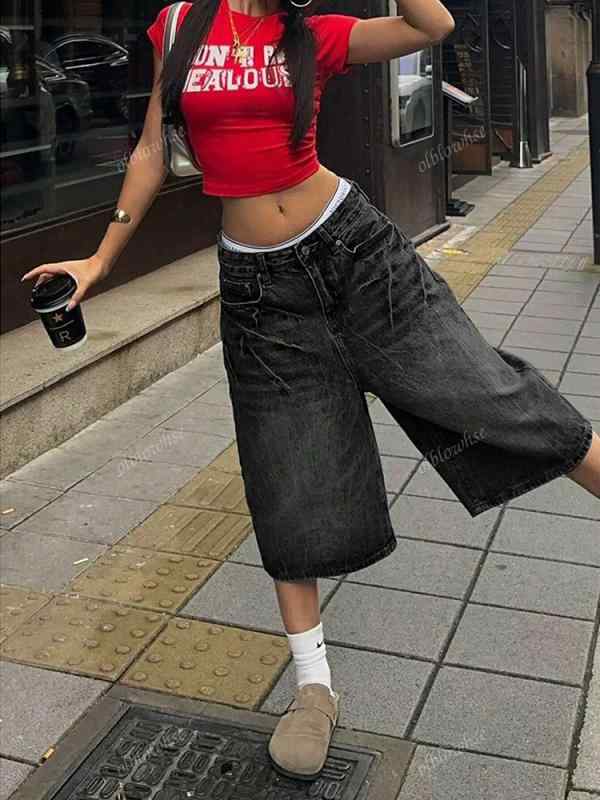 クロップドパンツ 女性用 夏 デニム 綿素材 直筒 ハイウエスト ワイドレッグ ミディアム厚 微弾性 水洗加工 ゆったりシルエット 七分丈 ブラック ブルー 春夏 日韓カジュアル 街頭スタイル 軽量 伸縮性 普段使い 通勤対応