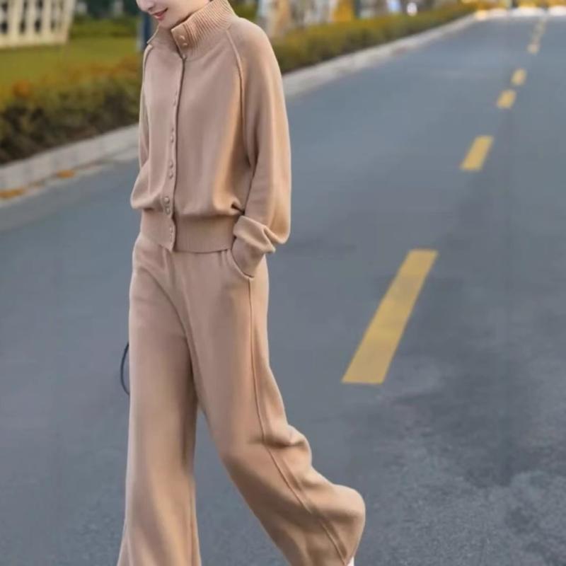 レディース 秋冬 ワイドパンツ セットアップ 長袖 ロングパンツ ソフト ゆったり シルエット すっきり 見せ コート ジャケット トップス 綿ポリエステル 混紡 素材 軽量 伸縮性 日韓 スタイル カジュアル 普段使い シンプル デザイン 杏色 ブラウ｜フォークBR