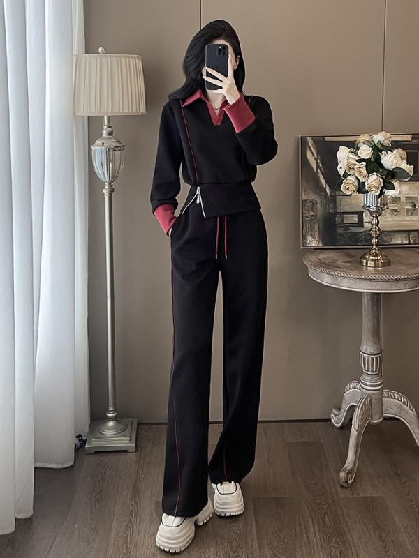 レディース 秋冬 セットアップ トップス ロングスリーブ ワイドパンツ ブラック コットン ストレッチ 切り替え かわいい スタイル 軽量 吸湿速乾 通勤 普段使い ファッション