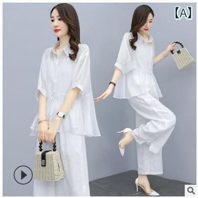 レディース 夏 セットアップ トップス ワイドパンツ 綿麻 接触冷感 切り替え ポケット 付 5分袖 ロングパンツ 通勤 スタイル 気質 かわいい 軽量 薄手 白色 グレー ゆったり シルエット 吸湿速乾 再生繊維 ミックス カジュアル 普段使い 爽やか