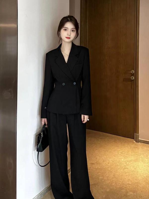レディース 西装 セット ブラック 長袖 長ズボン トップス ボトムス 通勤 スタイル 気質 職業服 女性用 セットアップ ジャケット ワイドパンツ ポケット デザイン ポリエステル 素材 ポリエステル 繊維 80% 以上 複合 加工 秋 シーズン ビジ|フォークBR