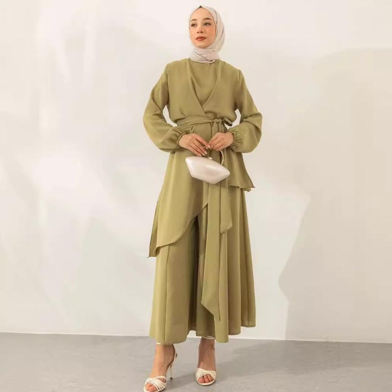 レディース セットアップ トップス ワイドパンツ セット ムスリムスタイル 純色 ファッション タイトワイスリーブ ロングパンツ ポリエステル ポリウレタン ストレッチ 素材 グレー イエローグリーン ベージュ 気質 通勤 スタイル 快適 ゆったり シル
