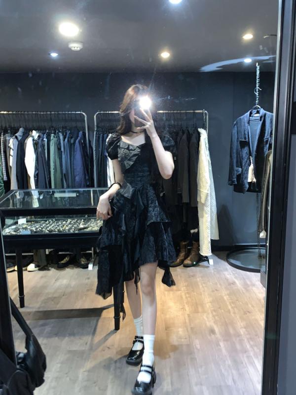 ワンピース 少女風 ロングスリーブ フレンチスタイル 収腰 ショート丈 雪? スカート フレア プリーツ スカート シングルピース ミディアムウエスト 3D プリント セットアップ なし セットアップ なし スクエアネック 無袖 無袖 ミドルウエスト 3