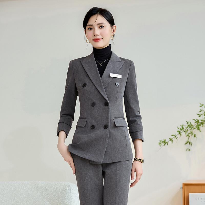 レディース 秋冬 ダブルブレスト スーツ セット 気質 フォーマル ビジネス 職業服 ホテル 受付 マネージャー 仕事着 ネイビー ブラック グレー 長袖 長ズボン 膝丈スカート 西装素材 セットアップ テーラードジャケット ワイドパンツ ミディスカート