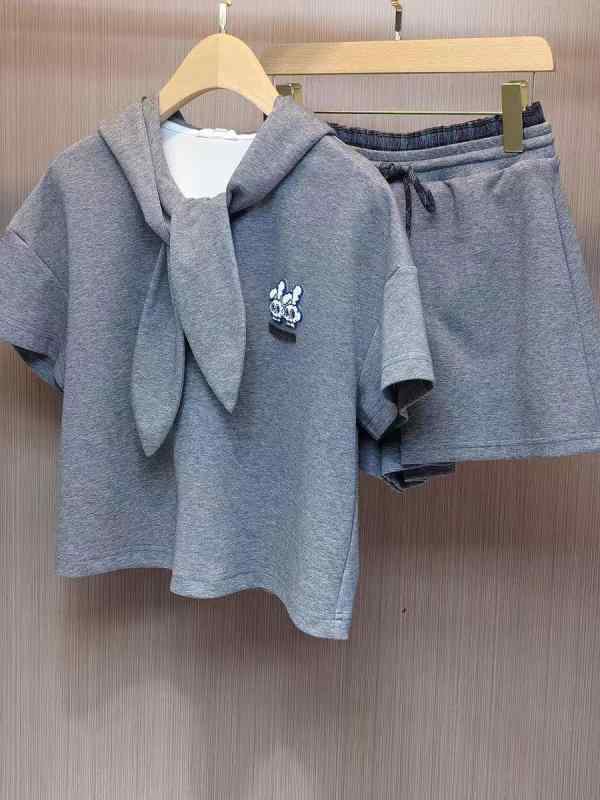 レディース 春夏 セットアップ 法式 復古 連帽 短袖 Tシャツ ショートパンツ 灰色 ?? ポリエステル 少女風 清新 甘い 荷叶? フリル 切り替え ・靭接 爽やか 軽量 吸湿速乾 通勤 普段使い カジュアル