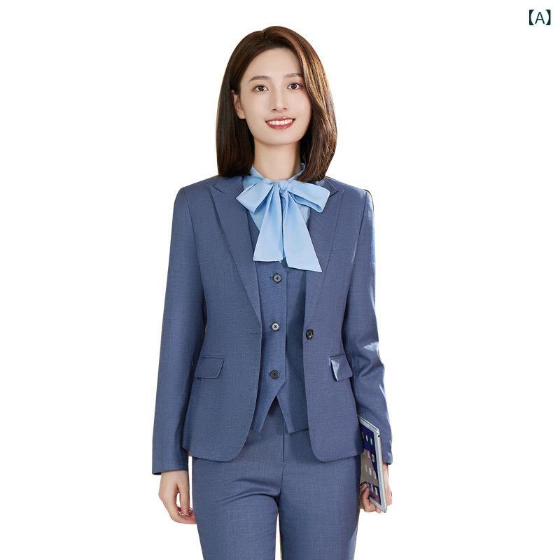レディース ブルー 長袖 ワークスーツ セット 再生繊維 ストレッチ 素材 接触冷感 通勤用 事務服 ジャケット シャツ ロングパンツ セットアップ ビジネスカジュアル 秋冬 シーズン 快適 着こなし 機能性 コーディネート 軽量 吸湿速乾 ハイネック
