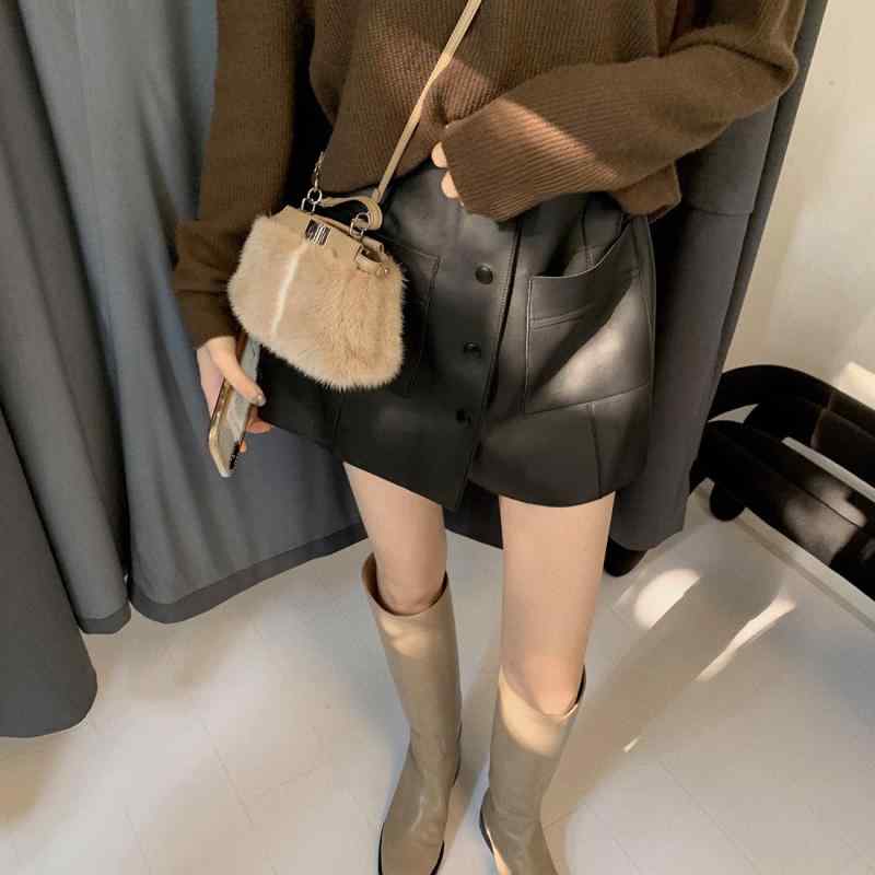 スカート 女性用 秋冬 羊皮 Aライン ハイウエスト 膝丈 半身スカート プリント柄 ポケット付き ブラック ・柑其色 通勤 気質 イージーパンツ スタイル 軽量 伸縮性 吸湿速乾 再生繊維