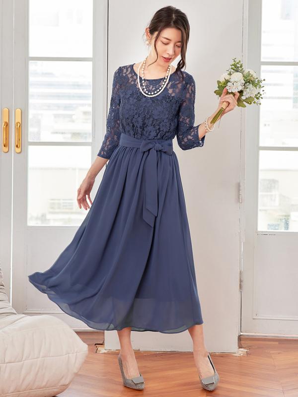 ワンピース レディース 気質 通勤風 レース 切り替え 中袖 丸首 シフォン ロングドレス 高腰 フレアスカート 系ベルト 緑 黒 紺 グレー パープル ベージュ グレー ポリエステル 軽量 涼しい 夏 春夏