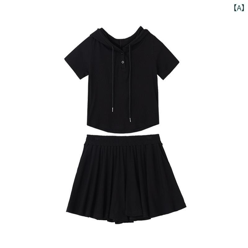レディース 春夏 スカートパンツ セット かわいい ゆったり スタイル 連帽 トップス ショートパンツ 小柄 女性向け ファッション ルームウェア 日常使い 吸湿速乾 粘着繊維 ブラック 杏色 ビッグシルエット 軽量 ポケット付き クリーン スイート ジ