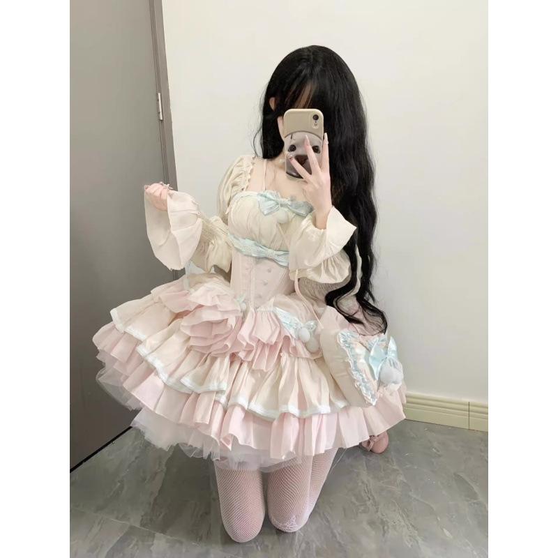 ロリータドレス 女の子 かわいい チャイナドレス風 プリンセス フレンチスタイル ミルクティー 甘め フレアスカート ウエスト切り替え 仙女風 ワンピース ロマンティック 麻素材 純色 プリント加工 平面デザイン 単品 ショート丈 プリンセススリーブ ロ