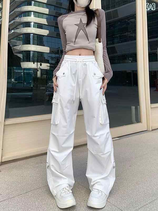 レディース 工装パンツ 春夏 高腰 スリム トレンド ストリート ヒップホップ ジャズダンス ワイド レギュンス スポーツパンツ ハーレムパンツ ロングパンツ 薄手 ポケット ポリアエステル ポリエステル 95% ストリートスタイル 気質 ユースフル カ