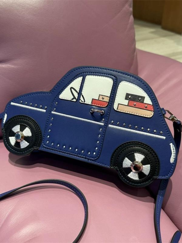 ミニバッグ 女性用 春夏 かわいい トートバッグ 斜めがけ ファッション 信封型 箱型 小型 PU素材 ブルー 童趣 カード 車縫線 スタッド コントラストカラー 切り替え ジップ開閉 中硬度 立体ポケット シングルストラップ 日常使い 軽量 通勤 普段
