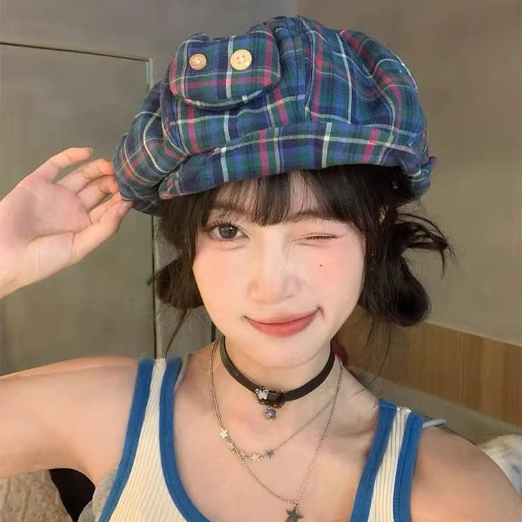 ベレー帽 女性用 かわいい 猫耳風 リボン付き 復古 チェック柄 雲模様 八角 デニム ポリエステル 透気性 防風 遮陽 防晒 小さめ 顔映り 春夏 ブルーグリーン系 レッドブルー系 ピンクパープル系 通勤 普段使い カジュアル