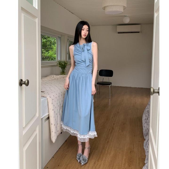 ワンピース レディース フレンチバレエ風 蝶結び リボン プリーツ 切り替え レース 花柄 ロングドレス チュールスカート ハイウエスト ノースリーブ 丸首 無袖 雪絨素材 単色 セットアップ プルオーバー 復古スタイル ブルー ライトウェイト 通勤 デ