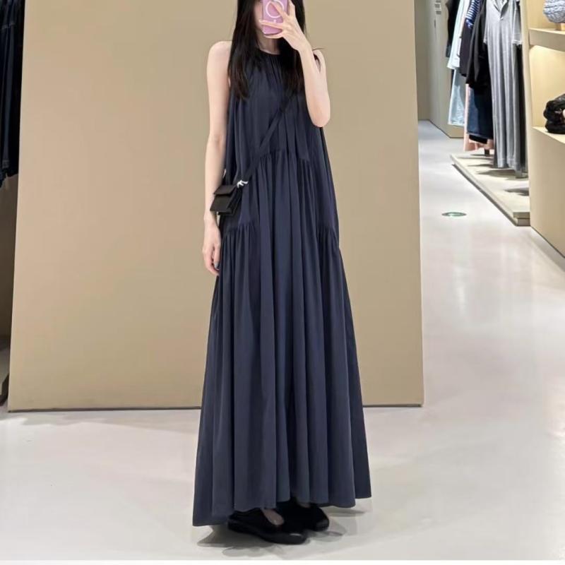 ワンピース 女性用 ハングネック プリーツ ロング ワンピース 切り替え デザイン 無袖 丸首 ゆったり腰回り コットン混紡 紺色 純色 セットオンスタイル 都市通勤 普段使い 軽量 伸縮性 春夏 秋 長め丈 フレアスカート ビッグシルエット カジュアル