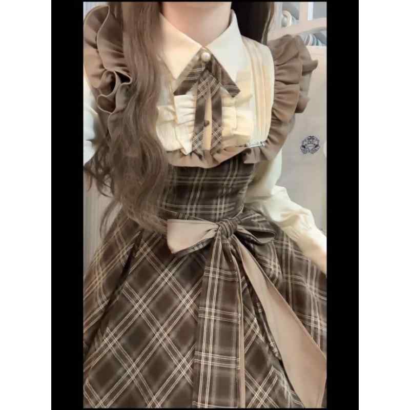 ロリータ ドレス 女性用 春秋 かわいい 学院風 Aライン 中長丈 短袖 POLO領 中腰 切り替え デザイン ワンピース トップス スカート セット 復古 スタイル 芸術的 チャイナ風 TR素材 PVC混紡 軽量 伸縮性 吸湿速乾 日常使い 通学 デー