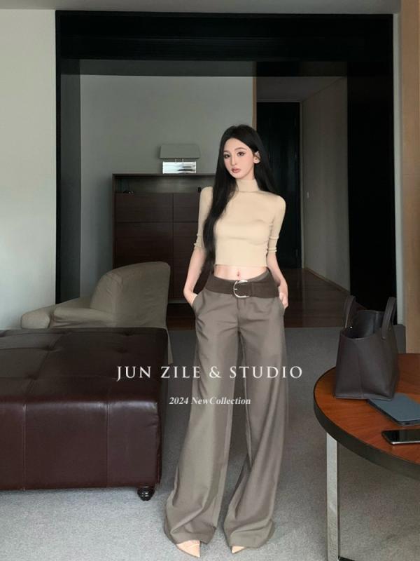 レディース 春夏 セットアップ かわいい セクシー 半高め ネック ニット トップス 低腰 ワイドパンツ 直筒 スーツパンツ 綿素材 接触冷感 吸湿速乾 免燻加工 杏色 ピンク系 アイボリー ストリートスタイル 潮流 街頭 普段使い 軽量 伸縮性 通勤