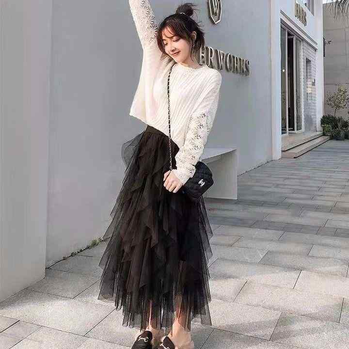 スカート 女性用 春夏 半身スカート 中長丈 プリーツ ガウン レース 切り替え 波状 仙女風 御姐スタイル 私服 綿 PVC 再生繊維 中弾性 軽量 通勤 普段使い かわいい ブラック ホワイト ピンク ブルー