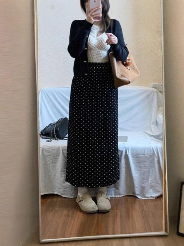 半身裙 レディース 黒 波点 切り開き 高腰 Aライン 直筒 ミドル丈 気質 通勤 普段使い ポリエステル 微弾性 軽量 夏 春夏 ヒップカバー スリム効果 ビッグシルエット