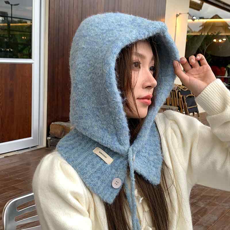 ニット帽 帽子 キャップ 韓国風 女性用 秋冬 保暖 防風 耳あて フード スカーフ 一体型 ショール 巻き帽子 連帽 囲巾 羊毛混紡 ニット 編み込み 丸型 無檐 かわいい 甘め 清新 米白 ピンク モカ 紫 グレー ブラック 風防ぎ 暖か 軽量 柔ら