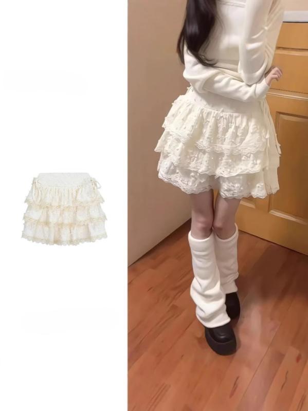 半身スカート 女性用 夏 かわいい ミルク杏色 短丈 蛋・啾スカート 高腰 フレア 蓬蓬スカート レース フリル プリーツ デザイン ?? ポリエステル 再生繊維 微弾性 軽量 伸縮性 接触冷感 吸湿速乾 清新 甘め スタイル 普段使い 短め 膝上 フレア
