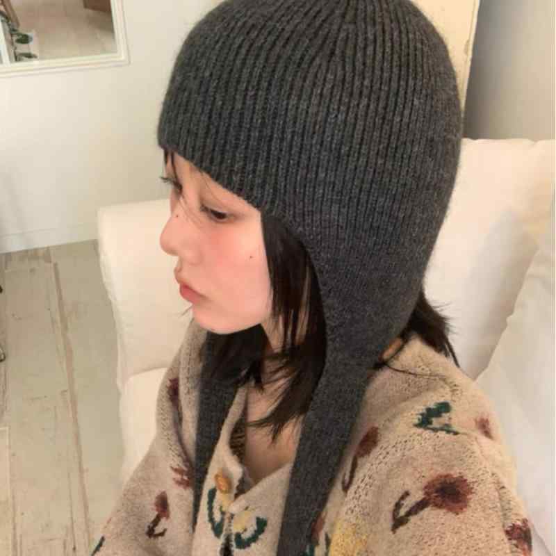 ニット帽 ユニセックス 飛行帽 保暖 透気 防風 ウサギ毛 秋冬 かわいい ストリートスタイル 個性派 耳当て 紐付き 純色 ホワイト グレー ブラック ベージュ ワインレッド Mサイズ