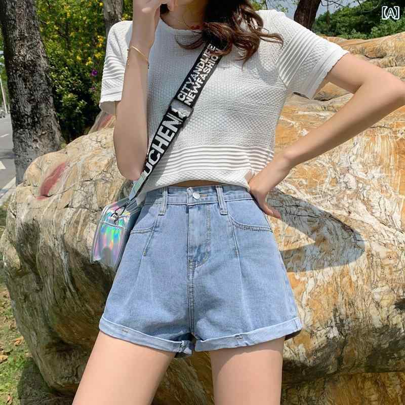デニム ショートパンツ 女性用 韓国風 スリム 高腰 ワイドレッグ 春夏 綿素材 通勤 普段使い 軽量 伸縮性 吸湿速乾 翻辺 ライトブルー ブラックグレー ビッグシルエット カジュアル