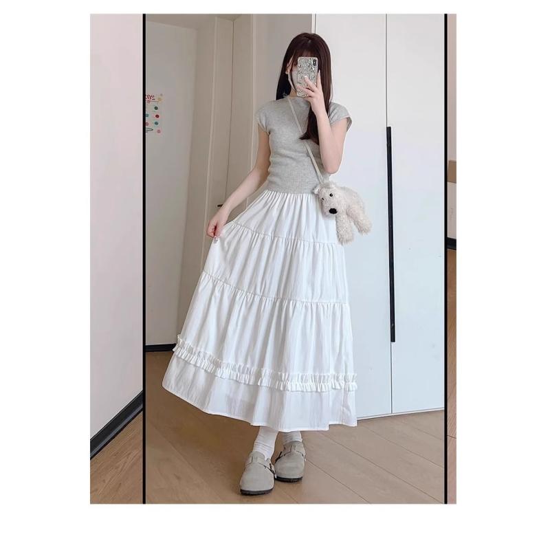 スカート レディース 春夏 半身 ミディ丈 Aライン 切り替え ウッドイヤ 花柄レース 甘め フレッシュ ブラック ホワイト 混紡 微弾性 直筒体型 通勤 普段使い 軽量 伸縮性 シンプル ベーシック