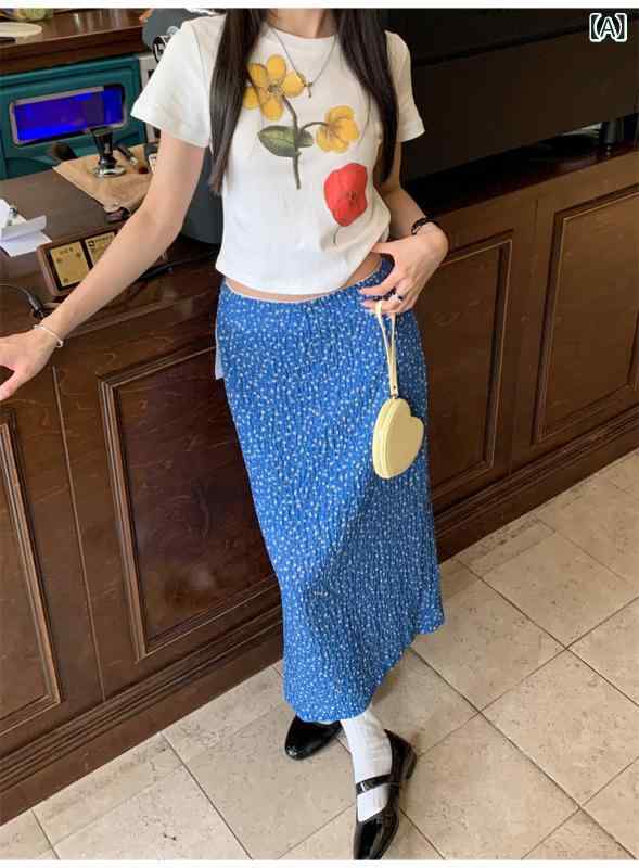 半身スカート 女性用 夏 通勤風 ストレート プリント 花柄 レース 花辺 中長丈 薄手 デザイン性 気質 スリム 包みスカート 無弾性 軽量 吸湿速乾 ブルー ホワイト トップス コーデ