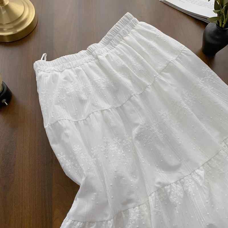 レディース A字スカート ミディ丈 半身スカート 純白 コットン混紡 刺繍 レース 花柄 切り替えデザイン 無弾性 軽量 通気性 涼しい 夏用 かわいい スウィート ガーリー フェミニン 復古風 細見え 女性用 トップス合わせ 普段使い 爽やかコーデ