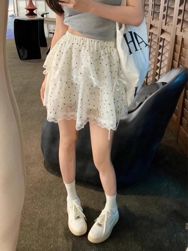 スカート 女性用 春夏 フレンチスタイル ミルク系 ブラック ドット プリント ハーフスカート かわいい レース フリル 装飾 プリーツ ミニ スカート トップス セット ショートパンツ 軽量 伸縮性 ポリエステル 再生繊維 スパンデックス ミックス ク