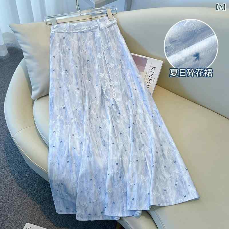 スカート 女性用 春夏 浅いブルー フラワー柄 Aライン ミドル丈 レース ウエストベルト フレンチスタイル クリア ポリエステル 微弾性 通勤 通気性 軽量 普段使い ハイウエスト フレア プリント加工 気質 優雅 カジュアル