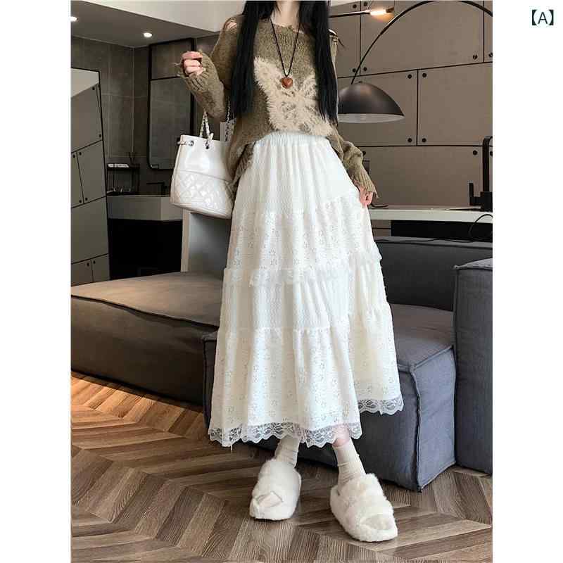 スカート 女性用 秋冬 清楚 かわいい レース 切り替え 半身スカート 高腰 中長 プリーツスカート Aライン ブラック ベージュ 軽量 伸縮性 綿混 普段使い 通勤用 小柄対応 ビッグシルエット フラット