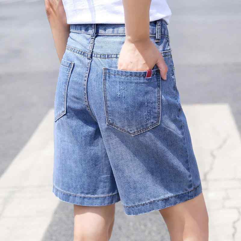 デニム ショートパンツ 女性用 夏 高腰 直筒 ワイドレッグ 綿素材 軽量 微弾性 ライトブルー ストリートスタイル バイカー風 普段使い 通勤 膝上丈 ハイウエスト ゆったりシルエット 接触冷感 吸湿速乾