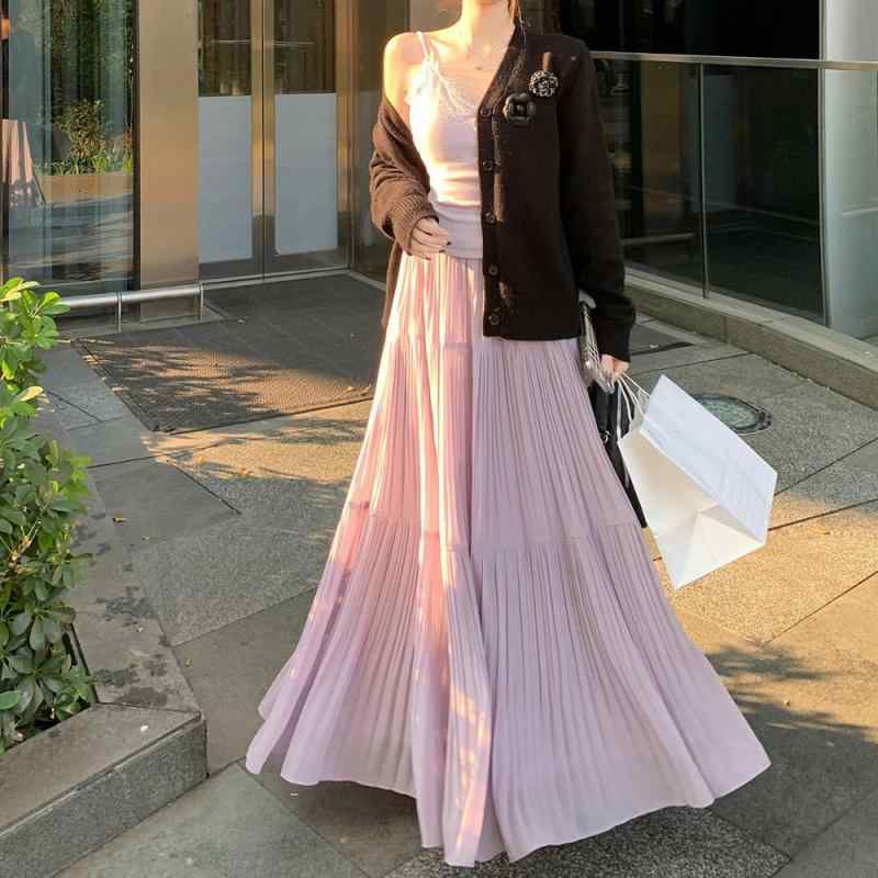 スカート 女性用 紫色 プリーツ チュール 半身スカート 大きいサイズ 春夏 ゆったり ドレープ Aライン 中長丈 ケーキスカート ゴム 雪?素材 マイクロストレッチ 日韓カジュアル 韓国風 甘め ソフト 軽量 通勤 普段使い かわいい シルエット