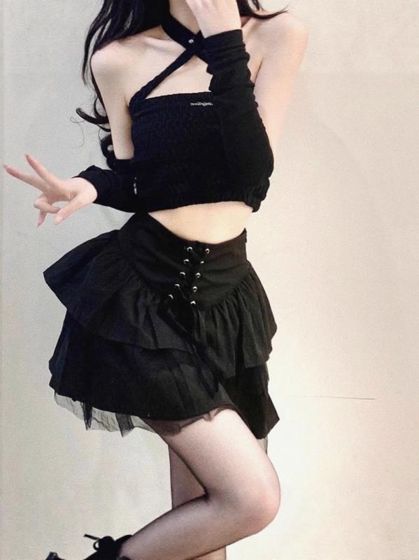 レディース 半身スカート ハイウエスト 短スカート Aライン 夏用 ブラック セクシー 切り替え レース 網? スパンコール 3D 立体パターン 気質 通勤 微弾性 ポリエステル 軽量 吸湿速乾 かわいい プリーツ フレア 普段使い
