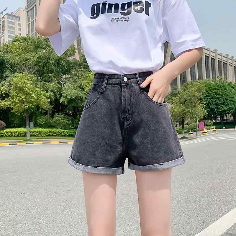 デニム ショートパンツ 女性用 春夏 高腰 ゆったり Aライン フレア 吸湿速乾 綿素材 通勤 普段使い 黒 ライトブルー 切り替え 洗い加工 気質 スタイル