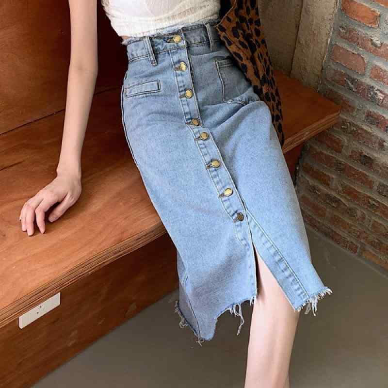 スカート 女性用 春夏 デニム 半身スカート 単排ボタン ハイウエスト 包み込み ミドル丈 スリム Aライン 不対称デザイン ライトブルー 微弾性 通勤風 気質スタイル 軽量 伸縮性 吸湿速乾 切り替え ハイウエスト ビッグシルエット 普段使い 部屋着