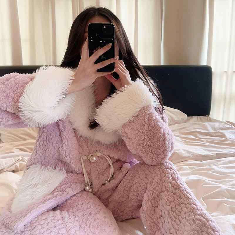 秋冬 レディース 保暖 ゆったり ルームウェア セット 長袖 フラップカラー 長パンツ 柔らかい ダブルフェイス コットン 厚手 ふわふわ 毛布素材 ホームウェア 室内着 ゆったりシルエット 軽量 伸縮性 桃色 ピンク系 アイボリー ホワイト 秋冬 女性