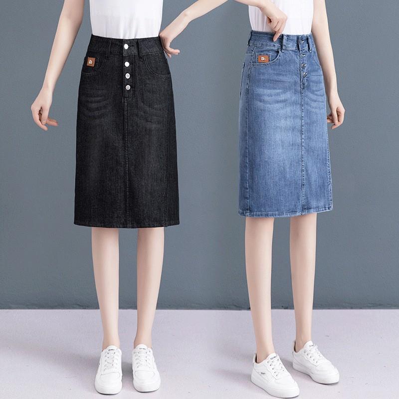 スカート 女性用 ハイウエスト デニム Aライン ミディ丈 包み込み スリムフィット ボタン 綿混 ストレッチ 接触冷感 夏 通勤 普段使い ブルー ブラックグレー カジュアル