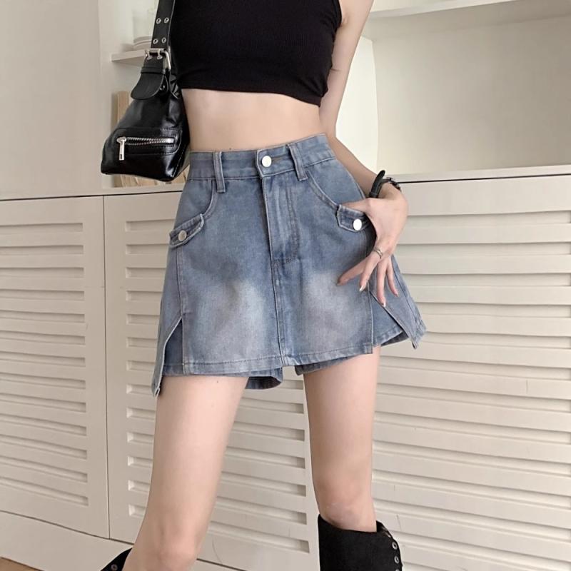 スカート 女性用 復古デニム 半身スカート 夏用 小柄向け 高腰 スリム効果 ベーシック Aライン ショート丈 デニム生地 ポリエステル混 無弾性 シンプルスタイル 快適カジュアル 純色 シルク加工 日韓風 普段使い 軽量 通勤対応 ハイウエスト ビッグ