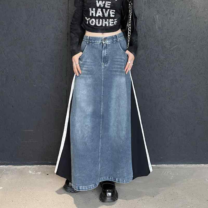 スカート 女性用 春夏 復古港風 洗いざらつき加工 切り替え デニム 半身スカート 中長丈 Aライン ブラック 綿 ポリエステル 無弾性 ゆったりシルエット ストリート コージデニム 個性派 普段使い 軽量 通勤対応