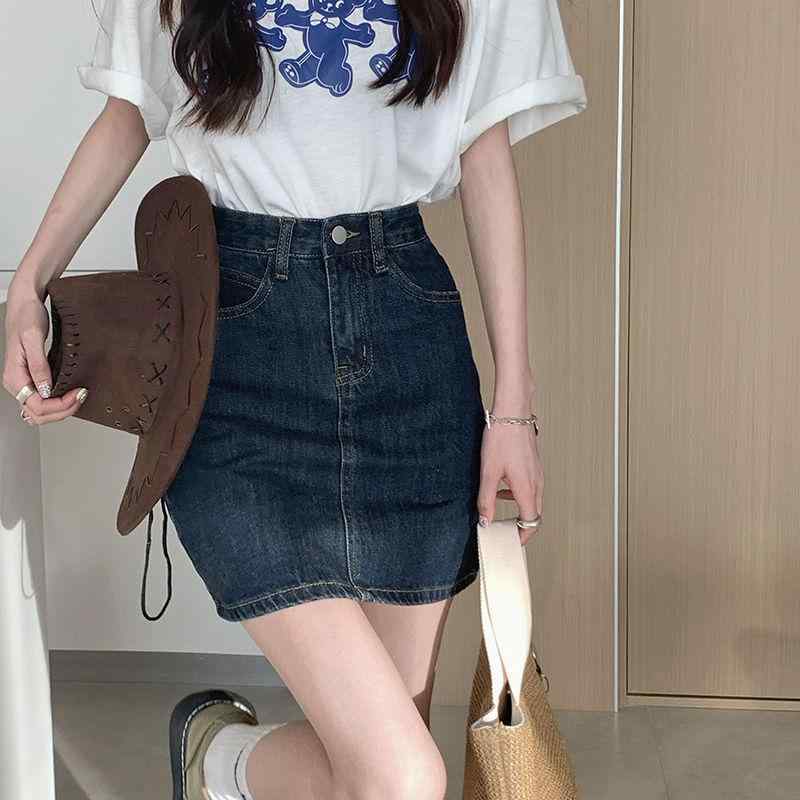 スカート 女性用 夏 春夏 通勤 気質 ハイウエスト Aライン 半身スカート デニム 牛仔布 再生繊維 ディープブルー ダークブルー 短丈 ミモレ丈 包み込み スリム スタイルアップ 切り替え ビンテージ 洗い加工 軽量 伸縮性 無弾力 普段使い ビジネ