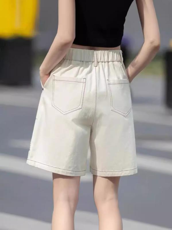 デニム ショーツ 女性用 高腰 白色 綿素材 薄手 直筒 膝上丈 砂洗加工 街頭スタイル 普段使い 軽量 通勤 夏 春夏 切り替え ポケット 細身 ゆったり 吸湿速乾 カジュアル 再生繊維 ミックス