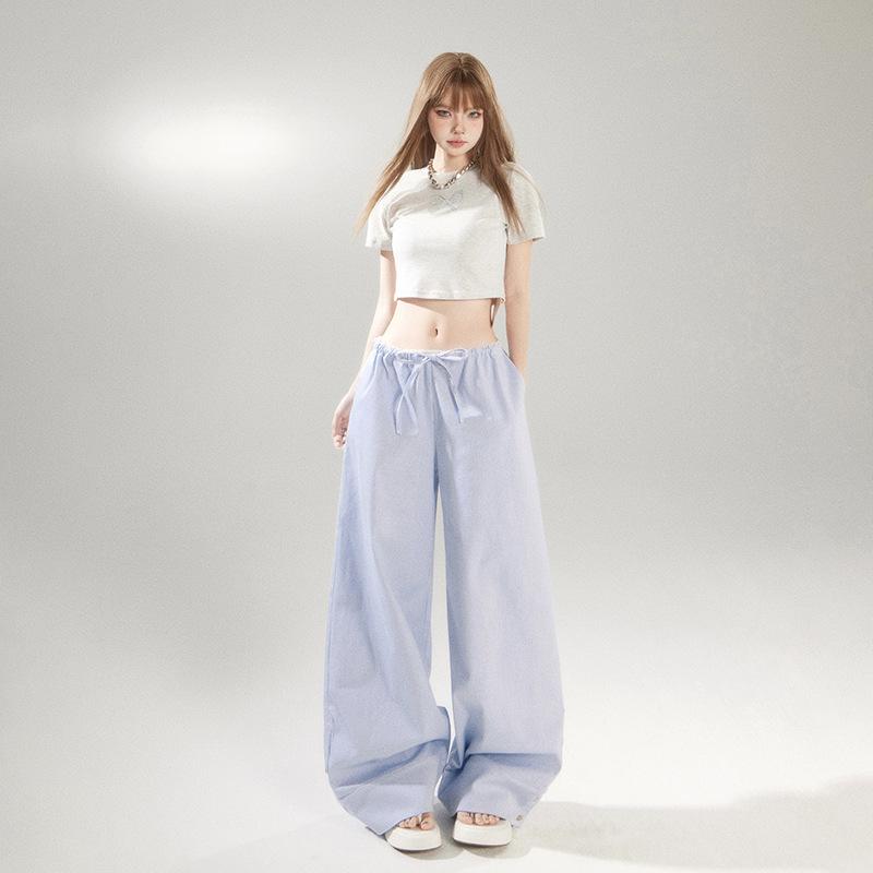 レディース ワイドパンツ 低腰 ストライプ柄 秋冬 長丈 薄手 コットン混 ポリエステル 無弾性 抽? ゆったり スリムライン 垂感 快適 日常使い かわいい ブルー ピンク カジュアル