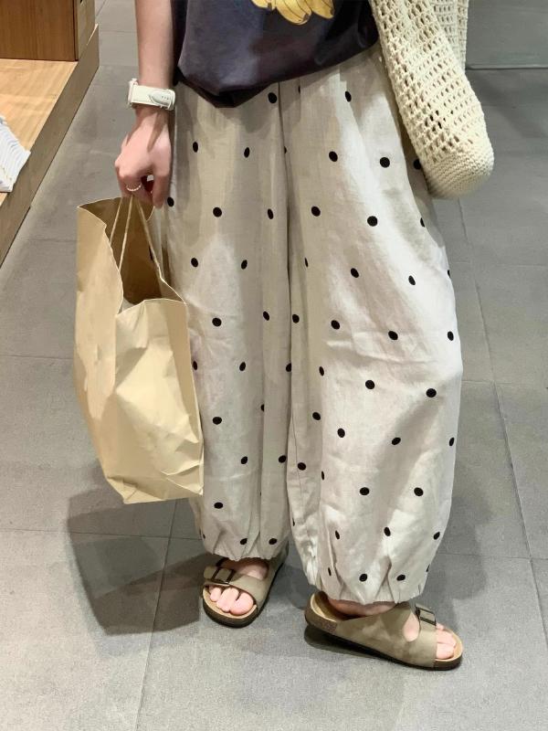 レディース 灯?パンツ 九分 ハーフパンツ 高腰 ワイド レッグ ポルカドット 柄 夏 薄手 麻素材 麻色 通勤 スタイル 気質 切り替え デザイン 軽量 吸湿速乾 カジュアル 普段使い 女性用 ゆったり フィット 膝下丈 コットン混 ベーシック アイテ